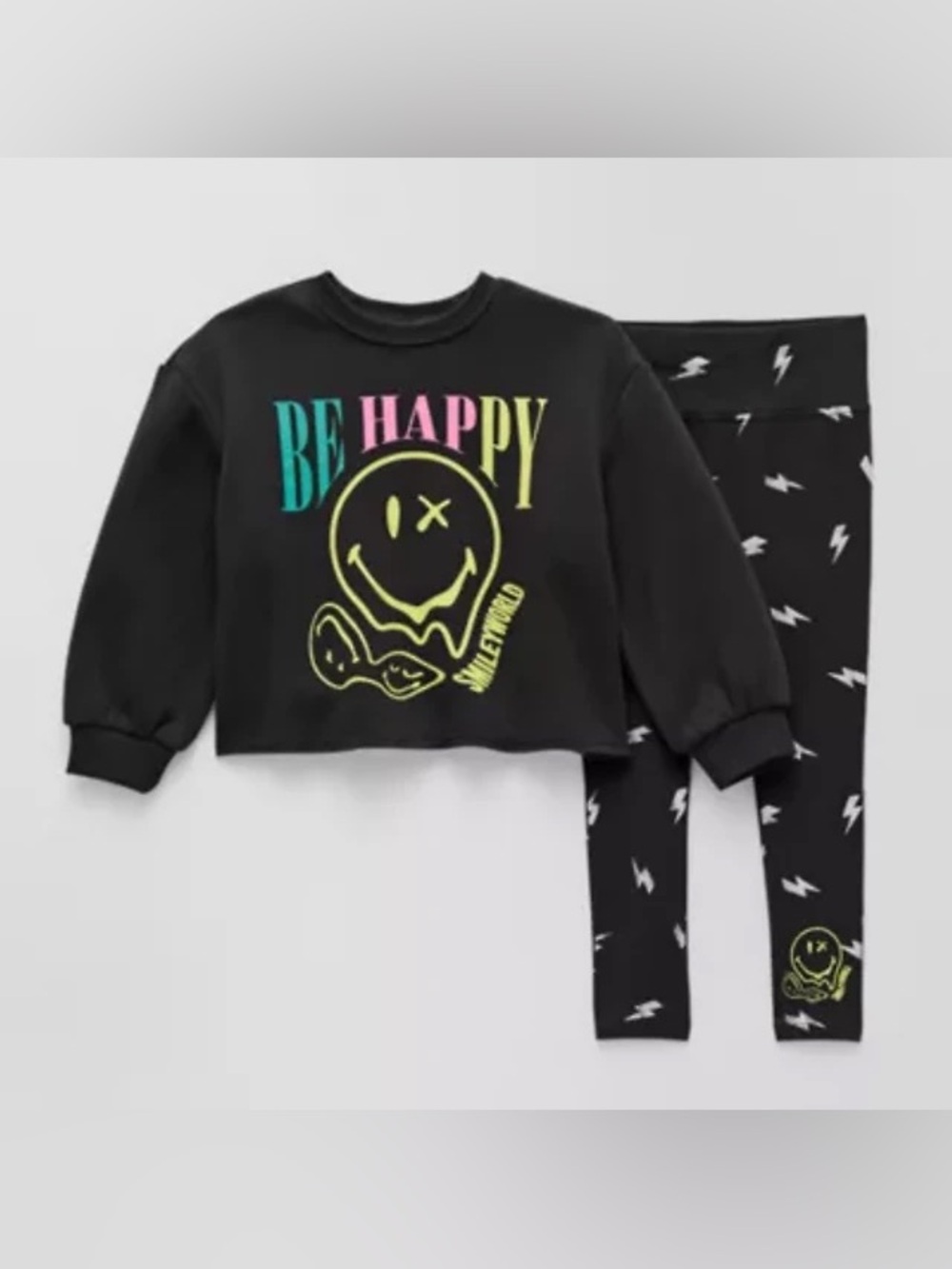 Kids Black 'Be Happy' Smiley Pajama Set with Neon Accents